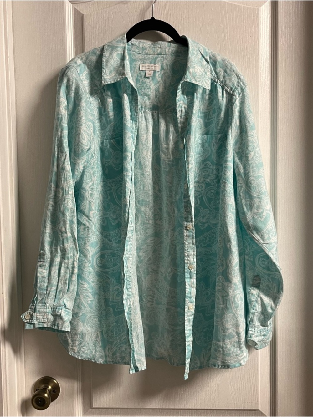 Charter Club Linen Light Aqua Paisley Button-Down Shirt